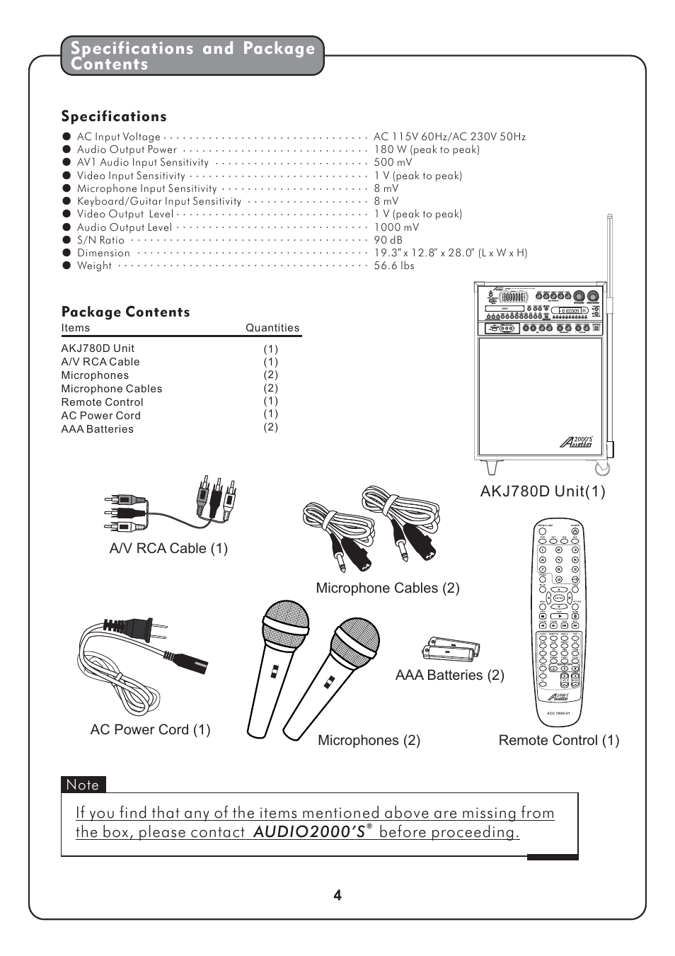 Specifications and package contents, Ακ u (1) j780d nit, Specifications | Audio2000's AKJ780D User Manual | Page 7 / 32