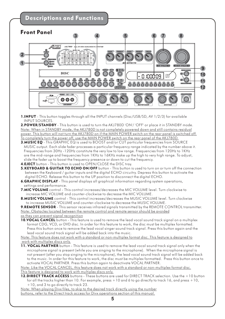 Descriptions and functions, Front panel | Audio2000's AKJ780D User Manual | Page 8 / 32