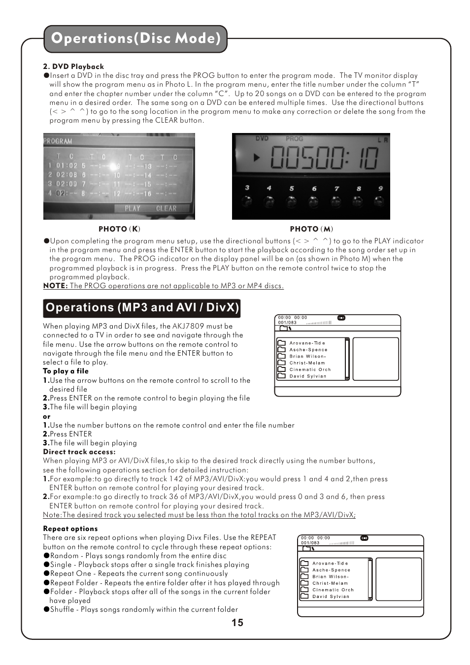 页 18, Operations(disc mode), Operations (mp3 and avi / divx) | Audio2000's AKJ7809 User Manual | Page 18 / 35