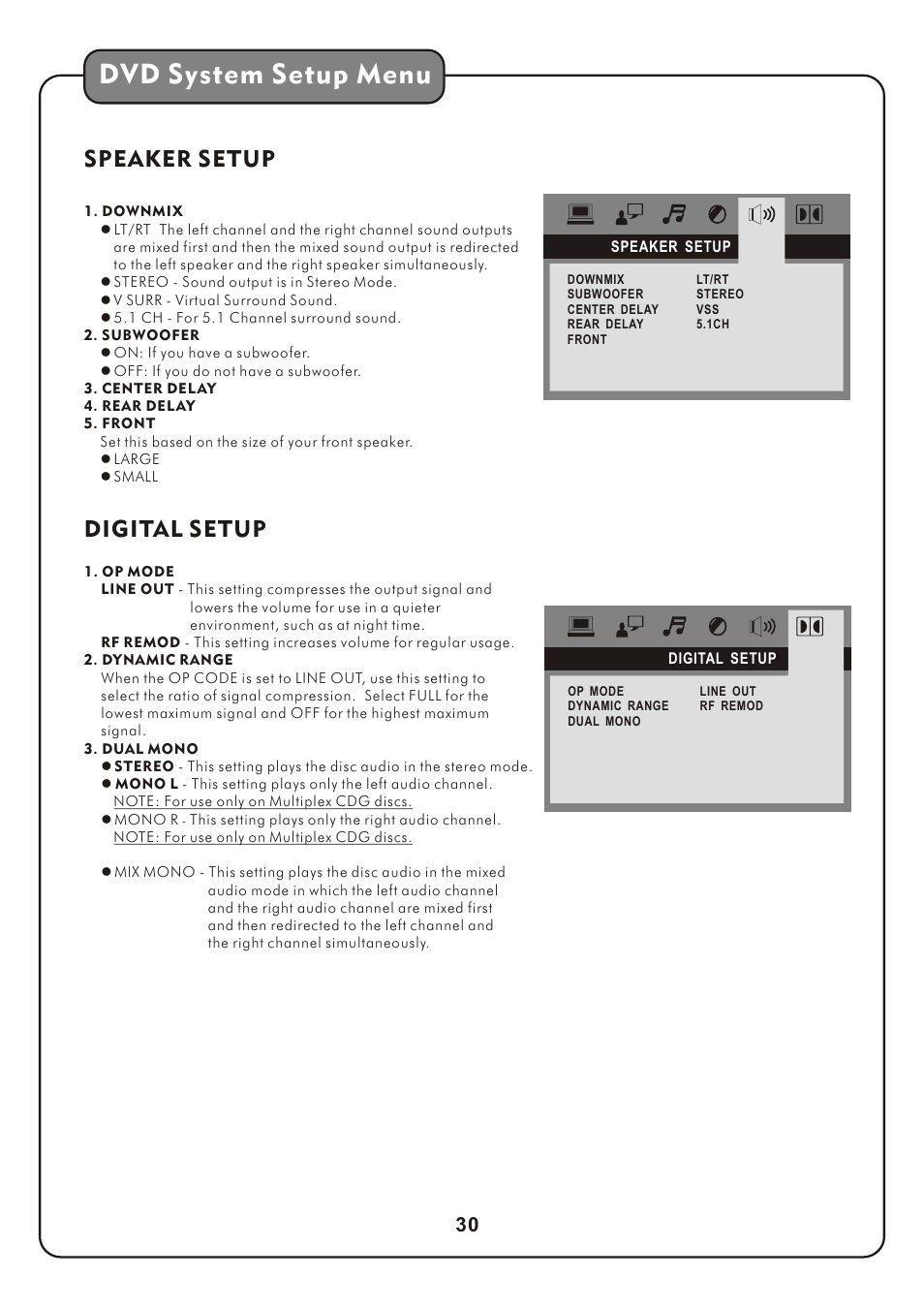 页 33, Dvd system setup menu, Speaker setup | Digital setup | Audio2000's AKJ7809 User Manual | Page 33 / 35