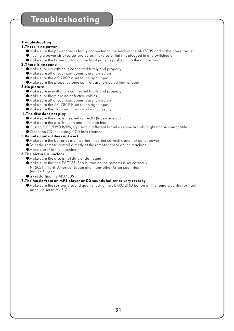 页 34, Troubleshooting | Audio2000's AKJ7809 User Manual | Page 34 / 35