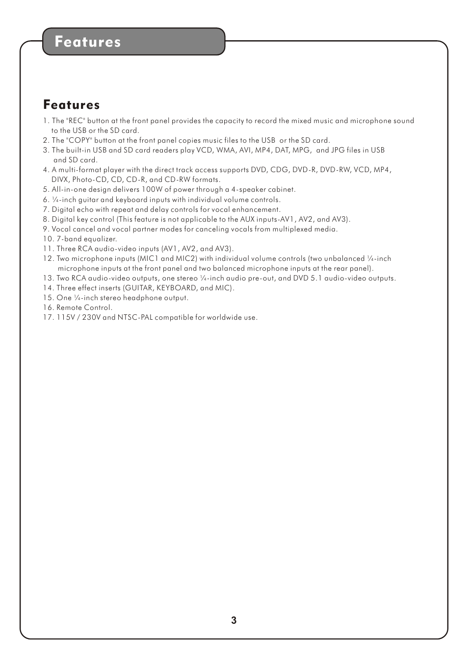 Features | Audio2000's AKJ7809 User Manual | Page 6 / 35