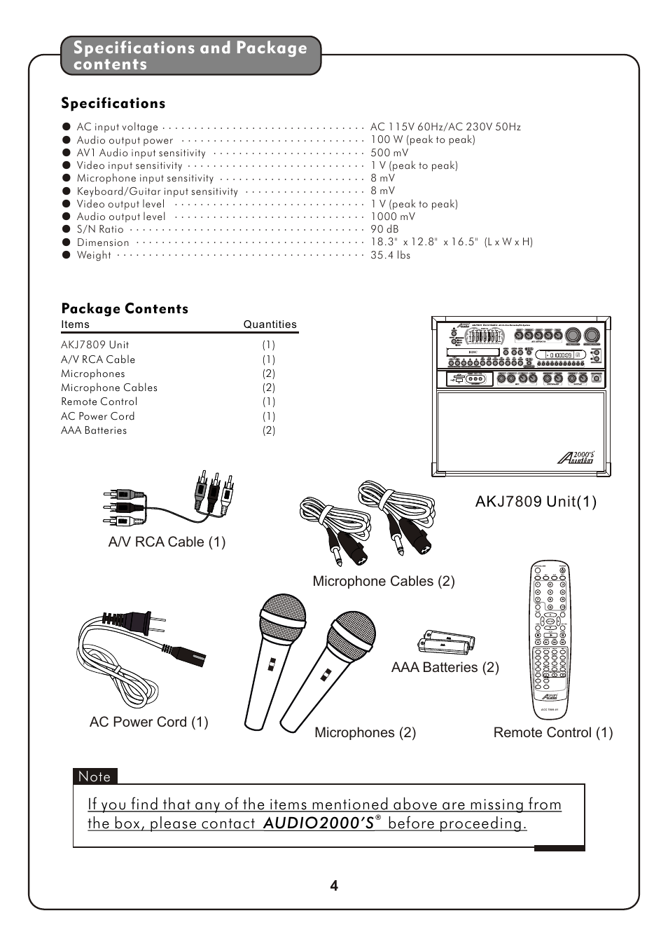 Specifications and package contents, Specifications | Audio2000's AKJ7809 User Manual | Page 7 / 35