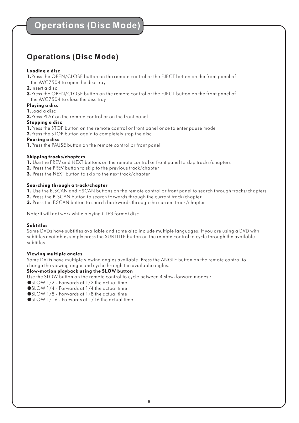 Operations (disc mode) | Audio2000's AVC7504 User Manual | Page 11 / 22