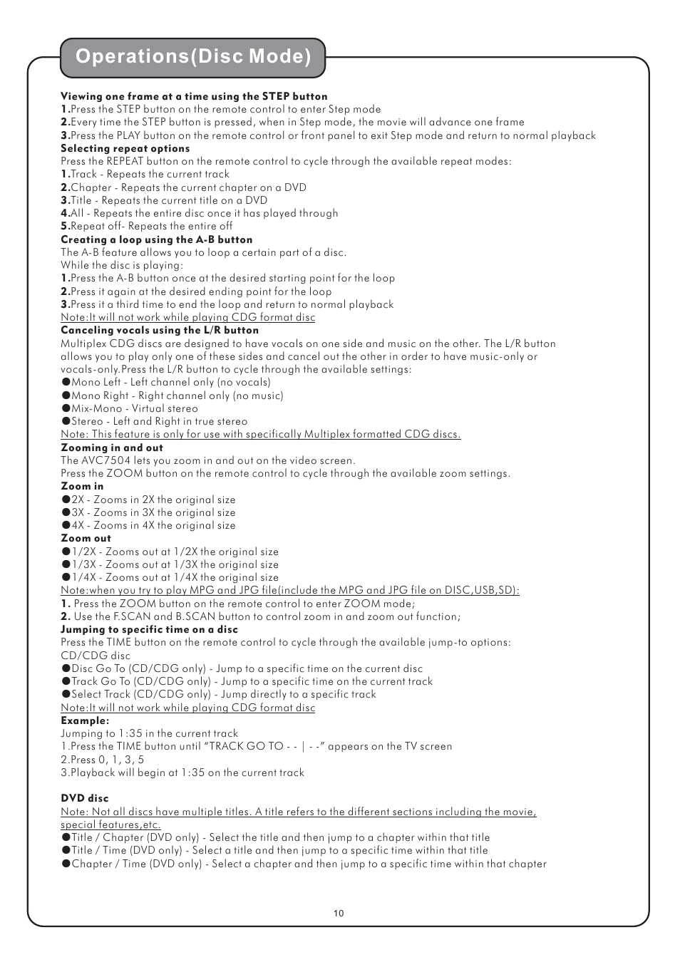 Operations(disc mode) | Audio2000's AVC7504 User Manual | Page 12 / 22