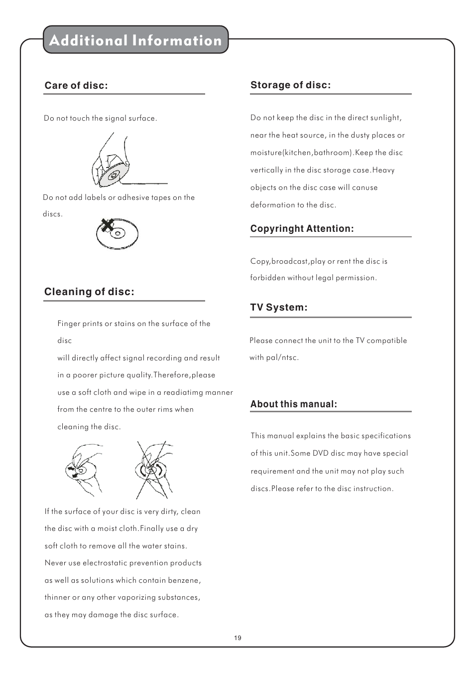 Additional information, Cleaning of disc | Audio2000's AVC7504 User Manual | Page 21 / 22