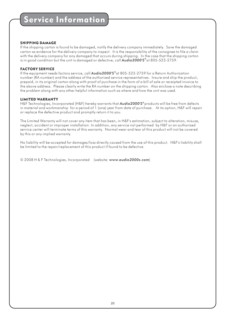 Service information | Audio2000's AVC7504 User Manual | Page 22 / 22