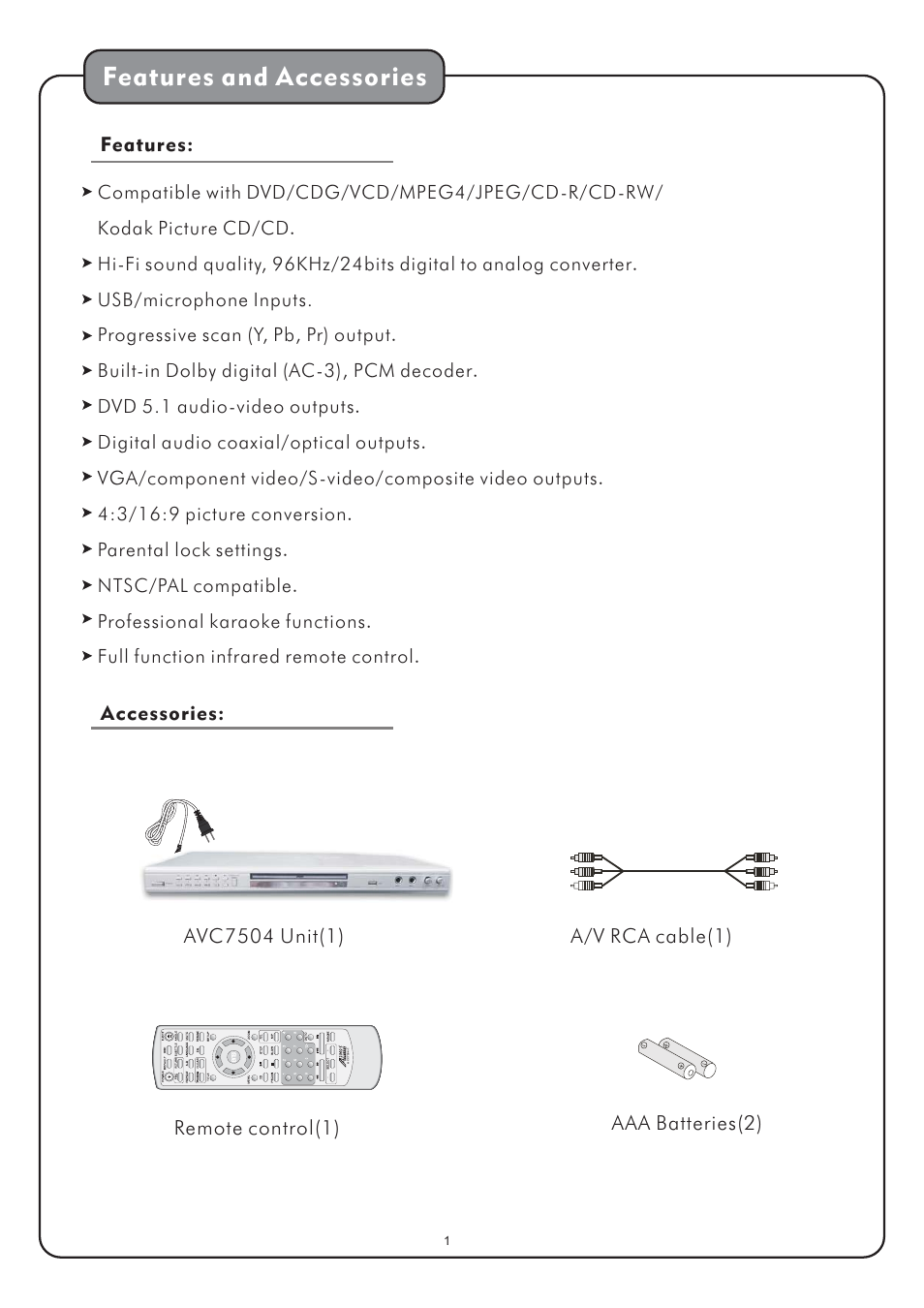 Features and accessories | Audio2000's AVC7504 User Manual | Page 3 / 22