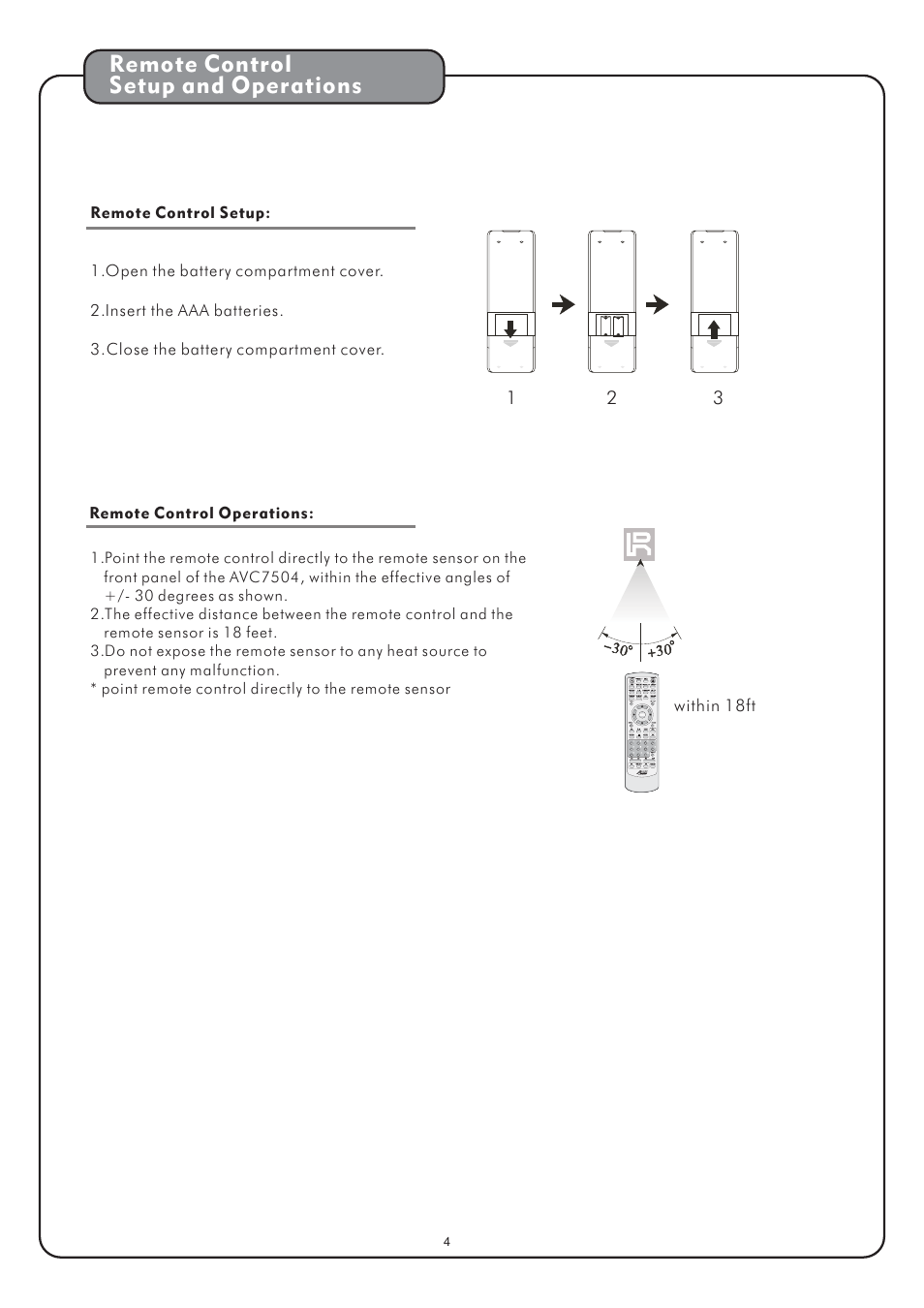 Remote control setup and operations | Audio2000's AVC7504 User Manual | Page 6 / 22