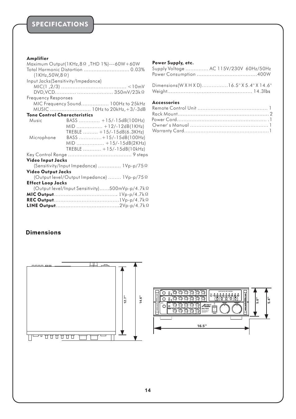 Specifications | Audio2000's AKJ7003 User Manual | Page 16 / 17