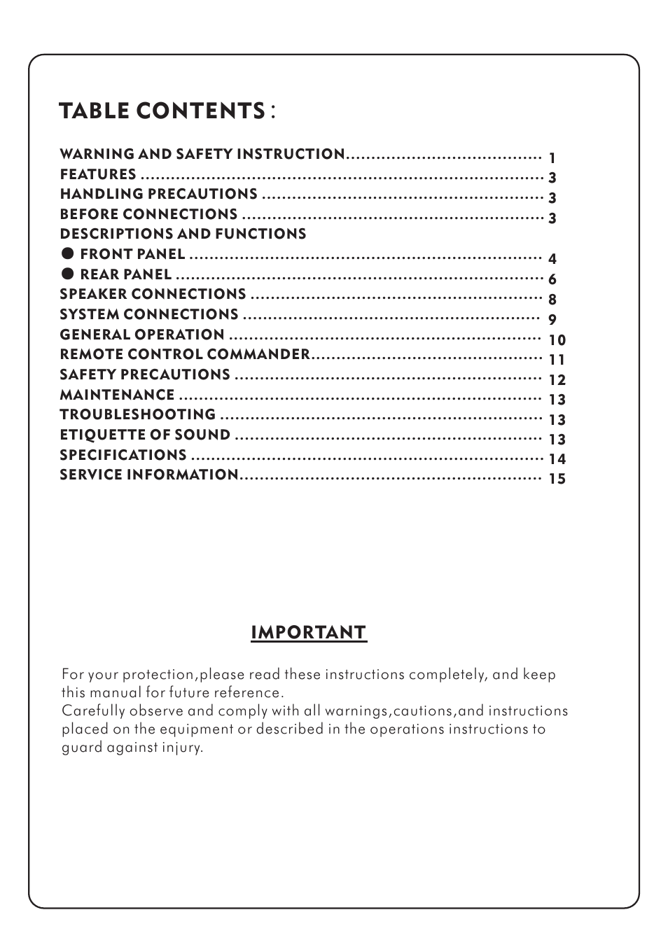Table contents | Audio2000's AKJ7003 User Manual | Page 2 / 17