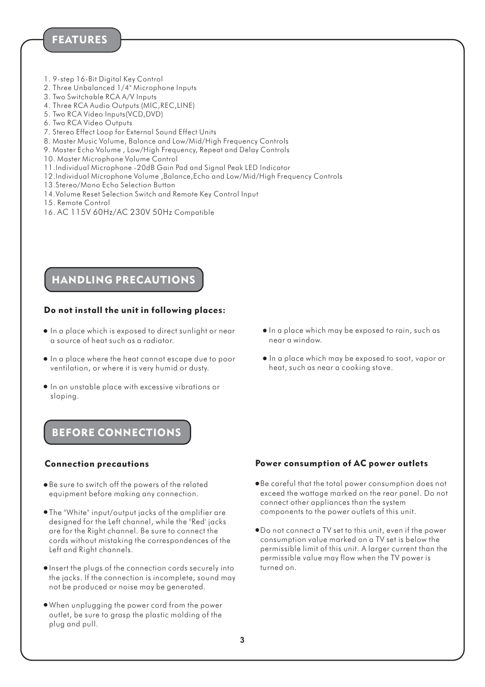 Handling precautions, Before connections, Features | Audio2000's AKJ7003 User Manual | Page 5 / 17