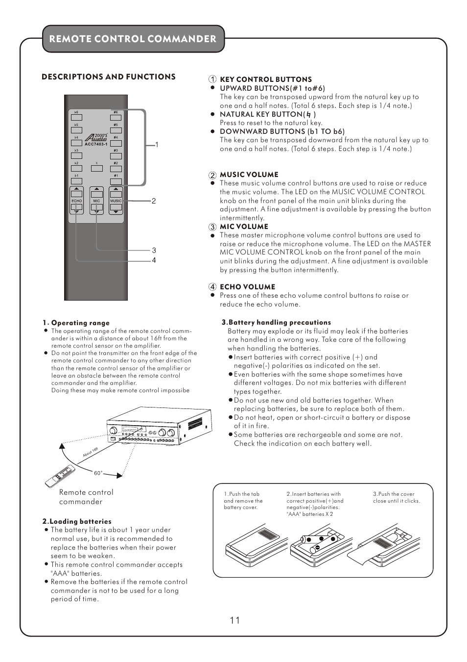 页 13, Remote control commander, Descriptions and functions | Audio2000's AKJ7404 User Manual | Page 13 / 17