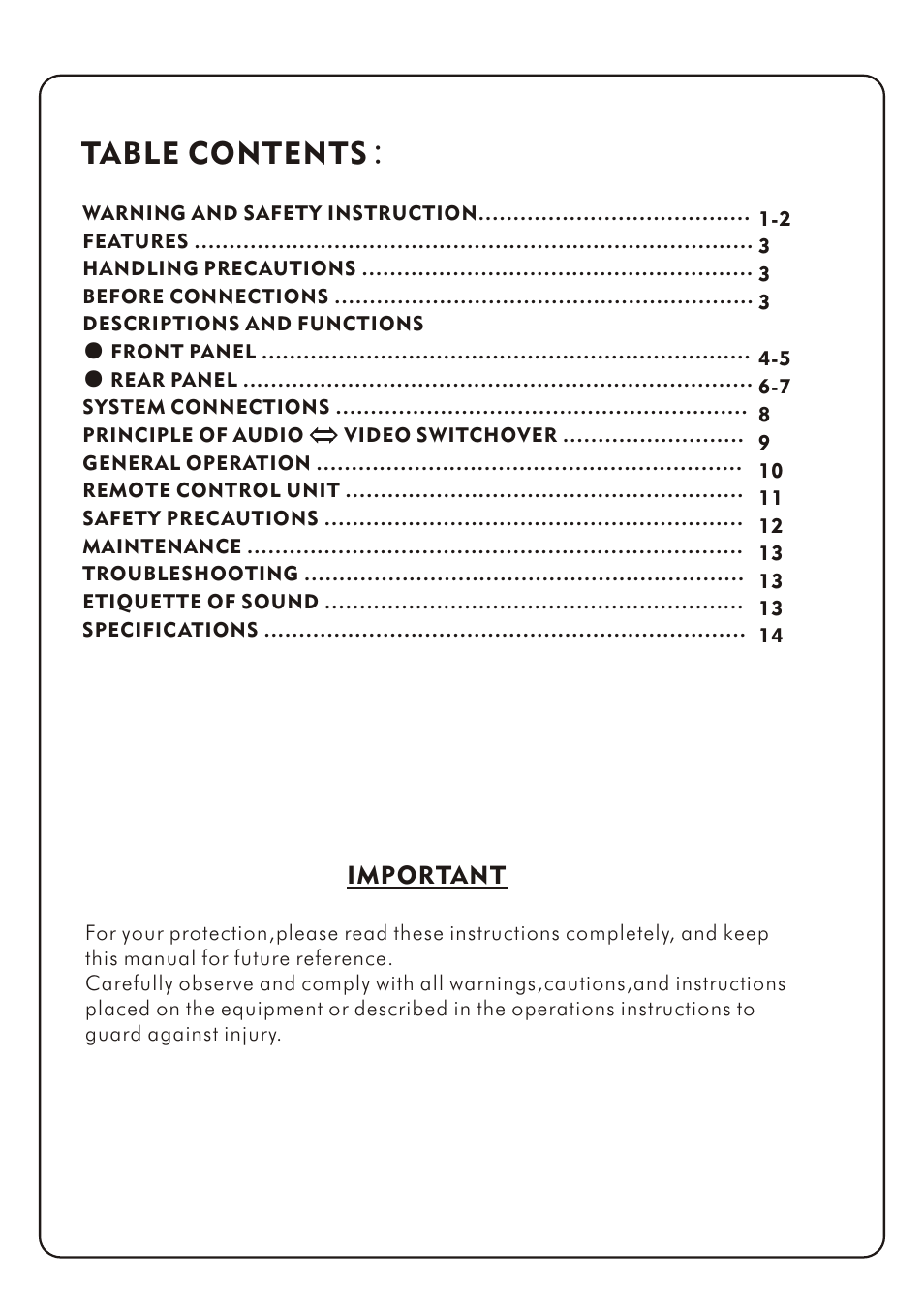 Table contents | Audio2000's AKJ7404 User Manual | Page 2 / 17