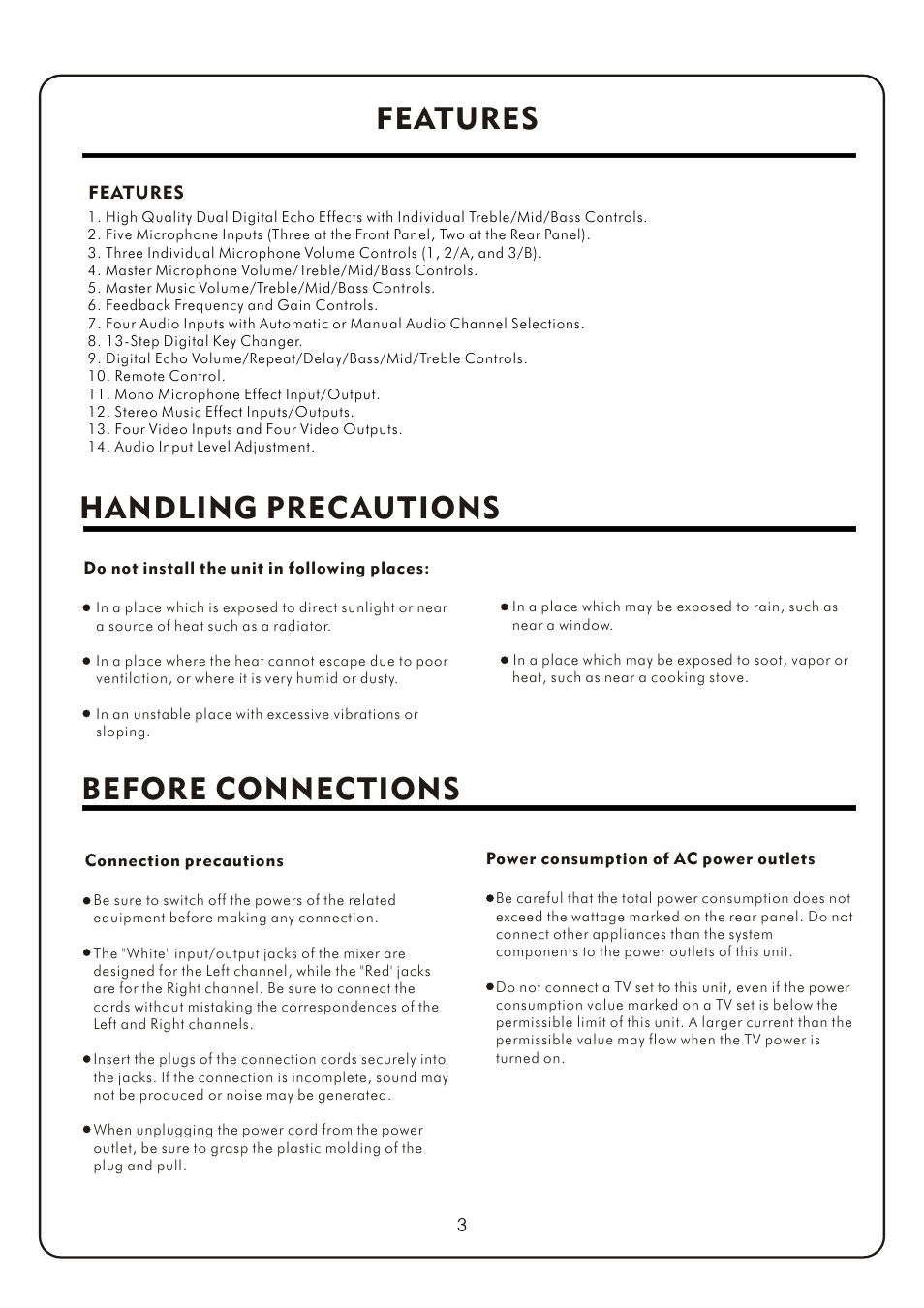 Features, Handling precautions before connections | Audio2000's AKJ7404 User Manual | Page 5 / 17