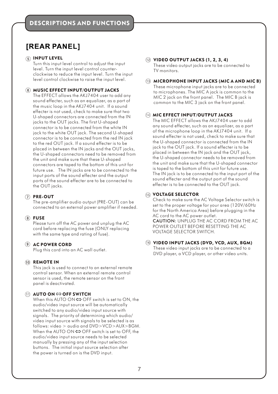 Descriptions and functions | Audio2000's AKJ7404 User Manual | Page 9 / 17