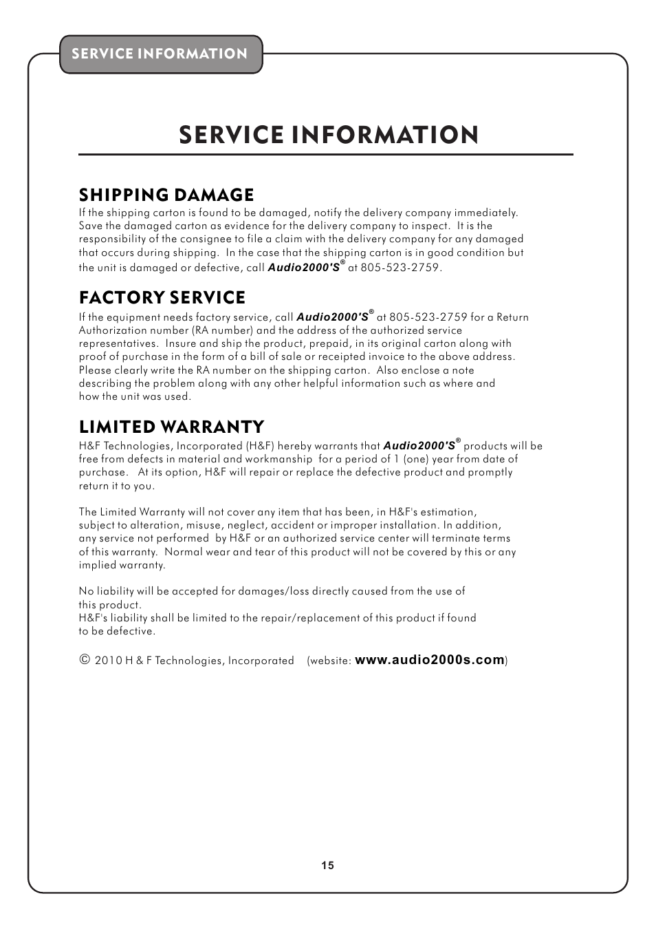 页 17, Service information, Shipping damage | Factory service, Limited warranty | Audio2000's AKJ7002 User Manual | Page 17 / 17