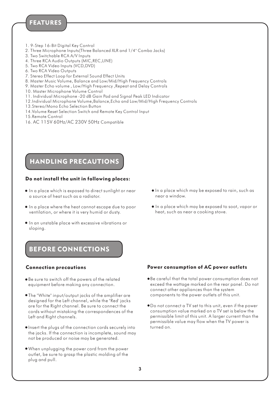 Handling precautions, Before connections, Features | Audio2000's AKJ7002 User Manual | Page 5 / 17