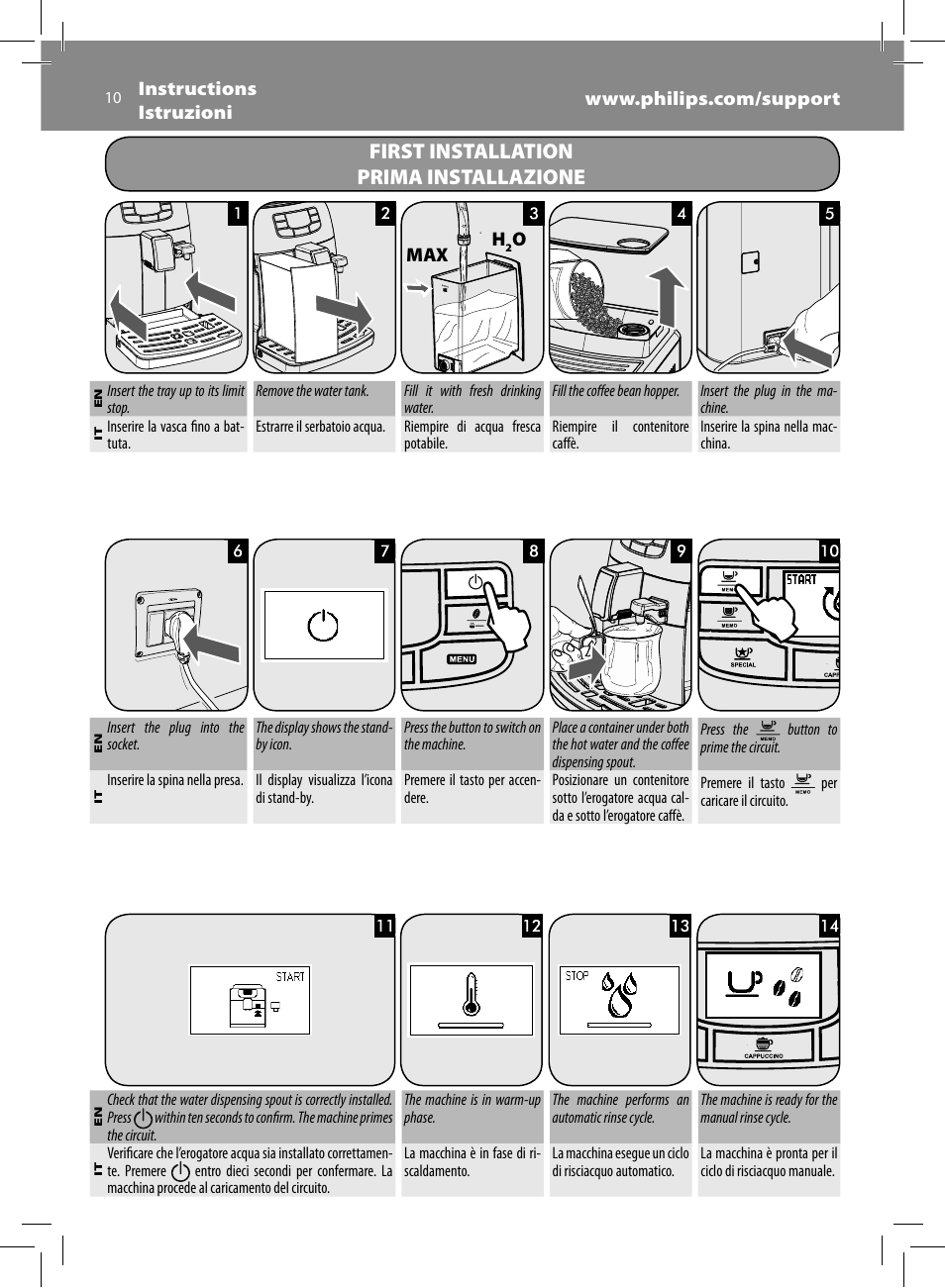 First installation prima installazione | Philips Saeco Intelia Evo Kaffeevollautomat User Manual | Page 10 / 74