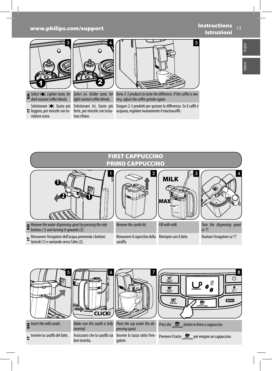 Milk, First cappuccino primo cappuccino | Philips Saeco Intelia Evo Kaffeevollautomat User Manual | Page 13 / 74