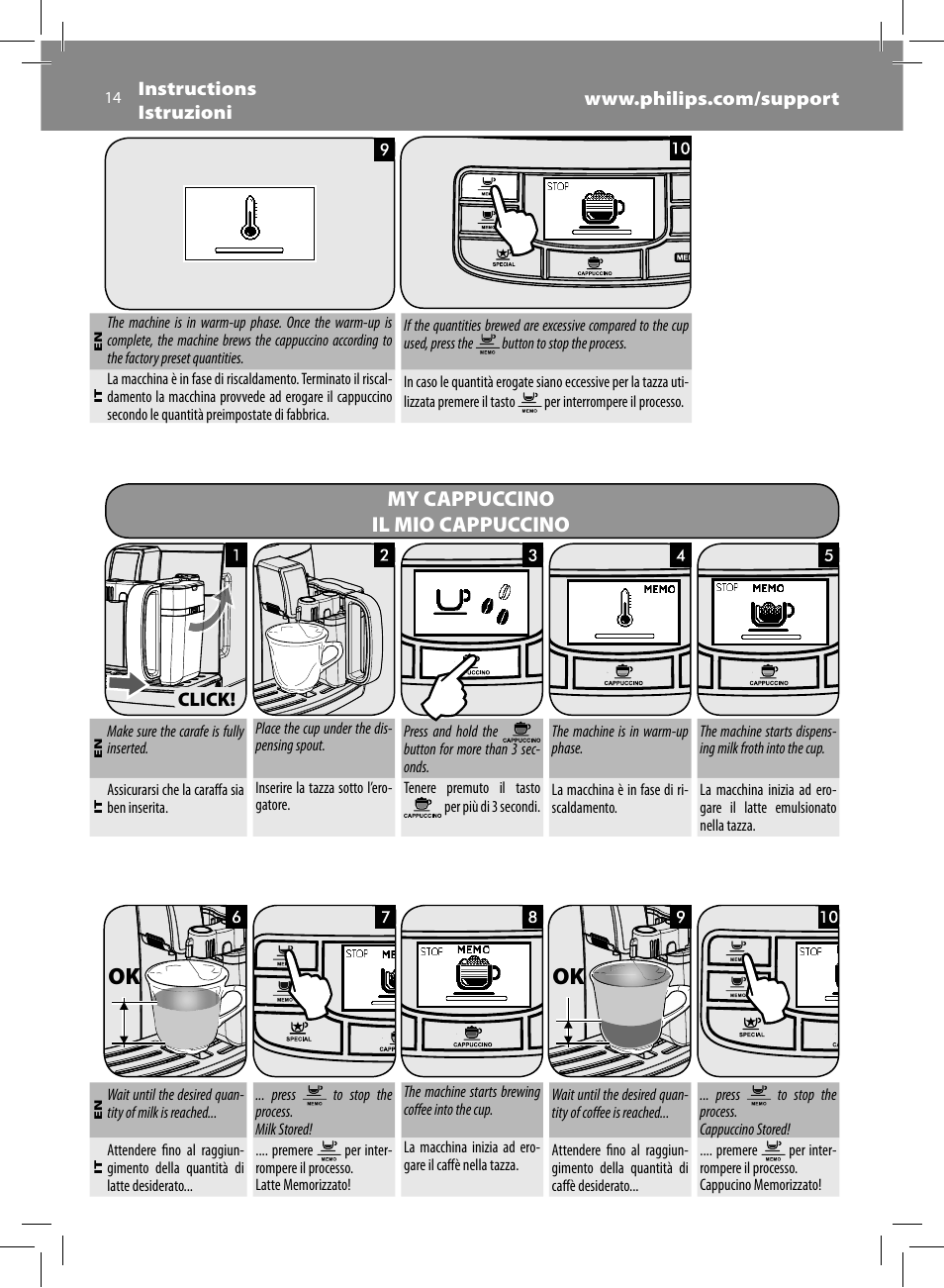 My cappuccino il mio cappuccino | Philips Saeco Intelia Evo Kaffeevollautomat User Manual | Page 14 / 74