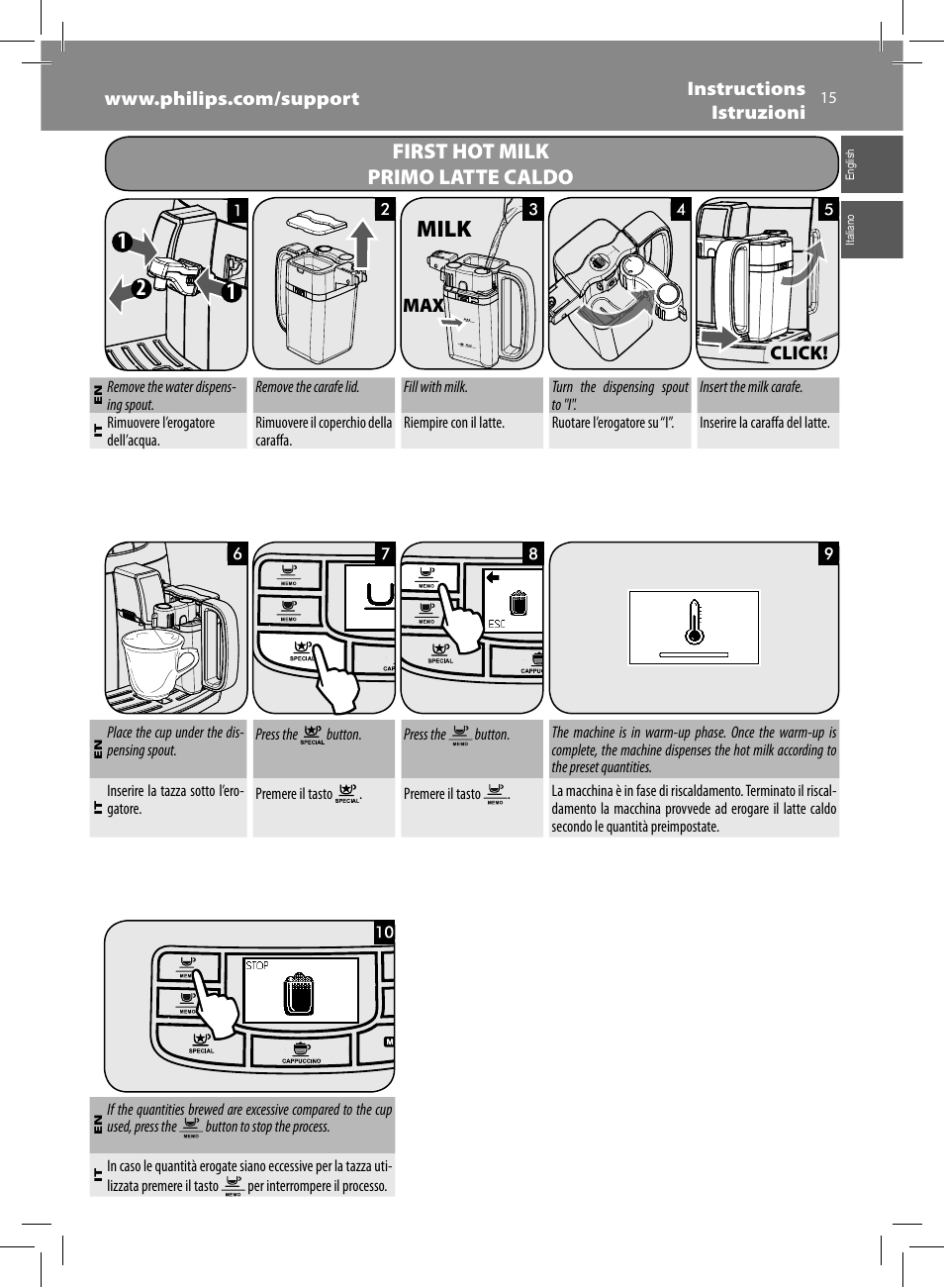 Milk, First hot milk primo latte caldo | Philips Saeco Intelia Evo Kaffeevollautomat User Manual | Page 15 / 74