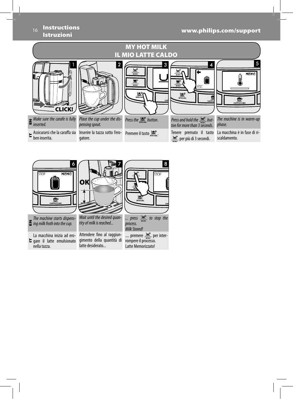 My hot milk il mio latte caldo | Philips Saeco Intelia Evo Kaffeevollautomat User Manual | Page 16 / 74