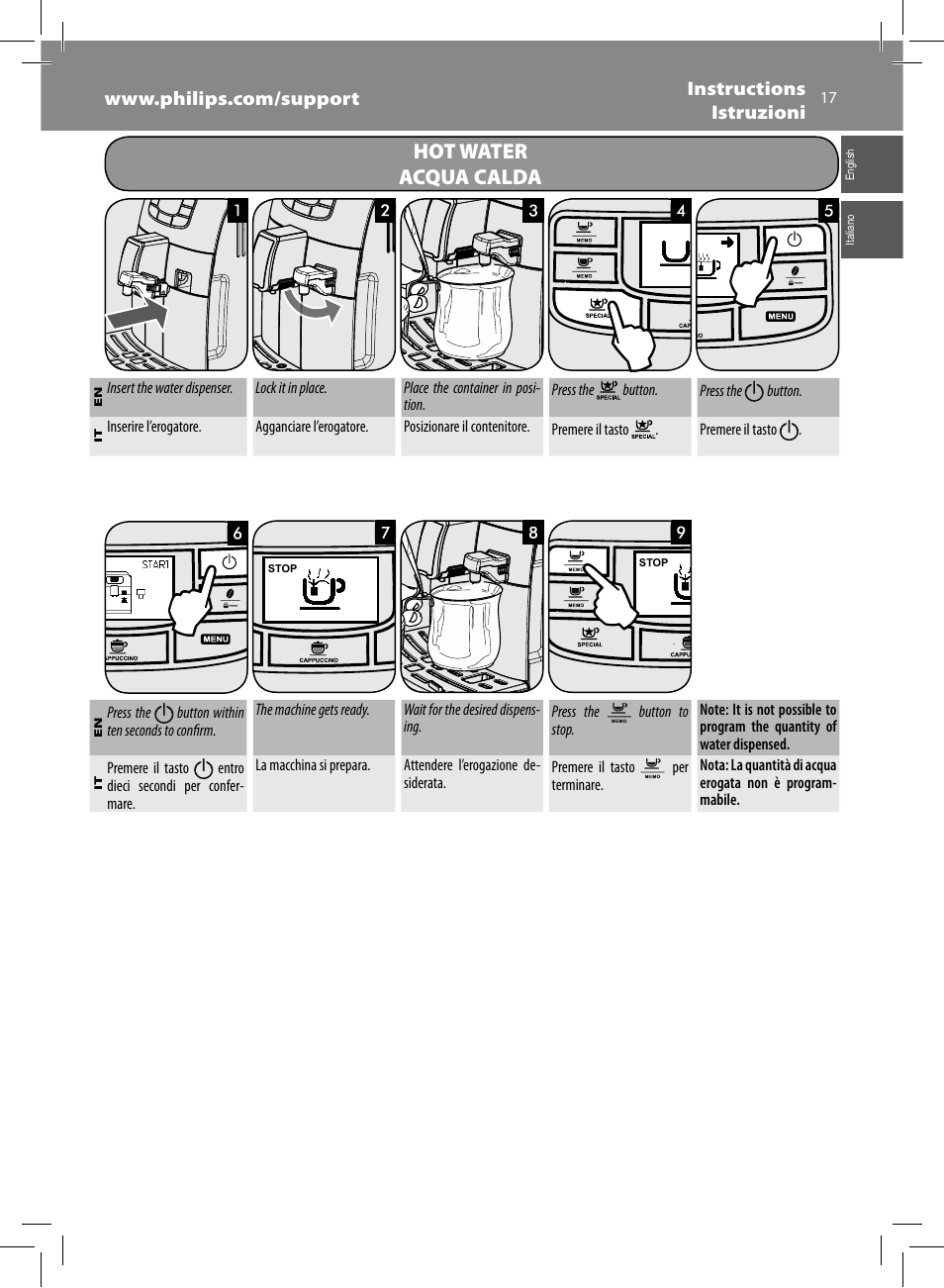 Hot water acqua calda | Philips Saeco Intelia Evo Kaffeevollautomat User Manual | Page 17 / 74