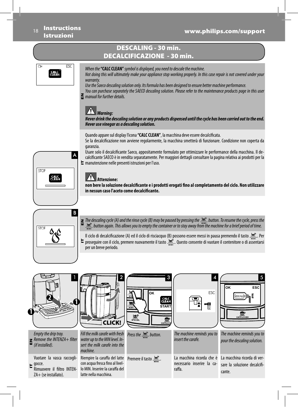 Descaling - 30 min. decalcificazione - 30 min | Philips Saeco Intelia Evo Kaffeevollautomat User Manual | Page 18 / 74