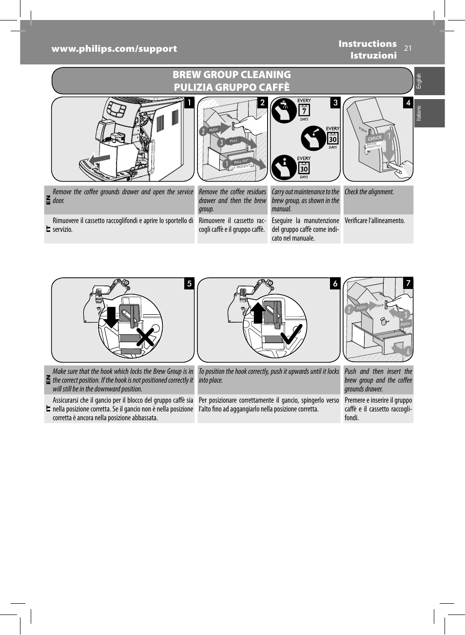 Brew group cleaning pulizia gruppo caffè | Philips Saeco Intelia Evo Kaffeevollautomat User Manual | Page 21 / 74