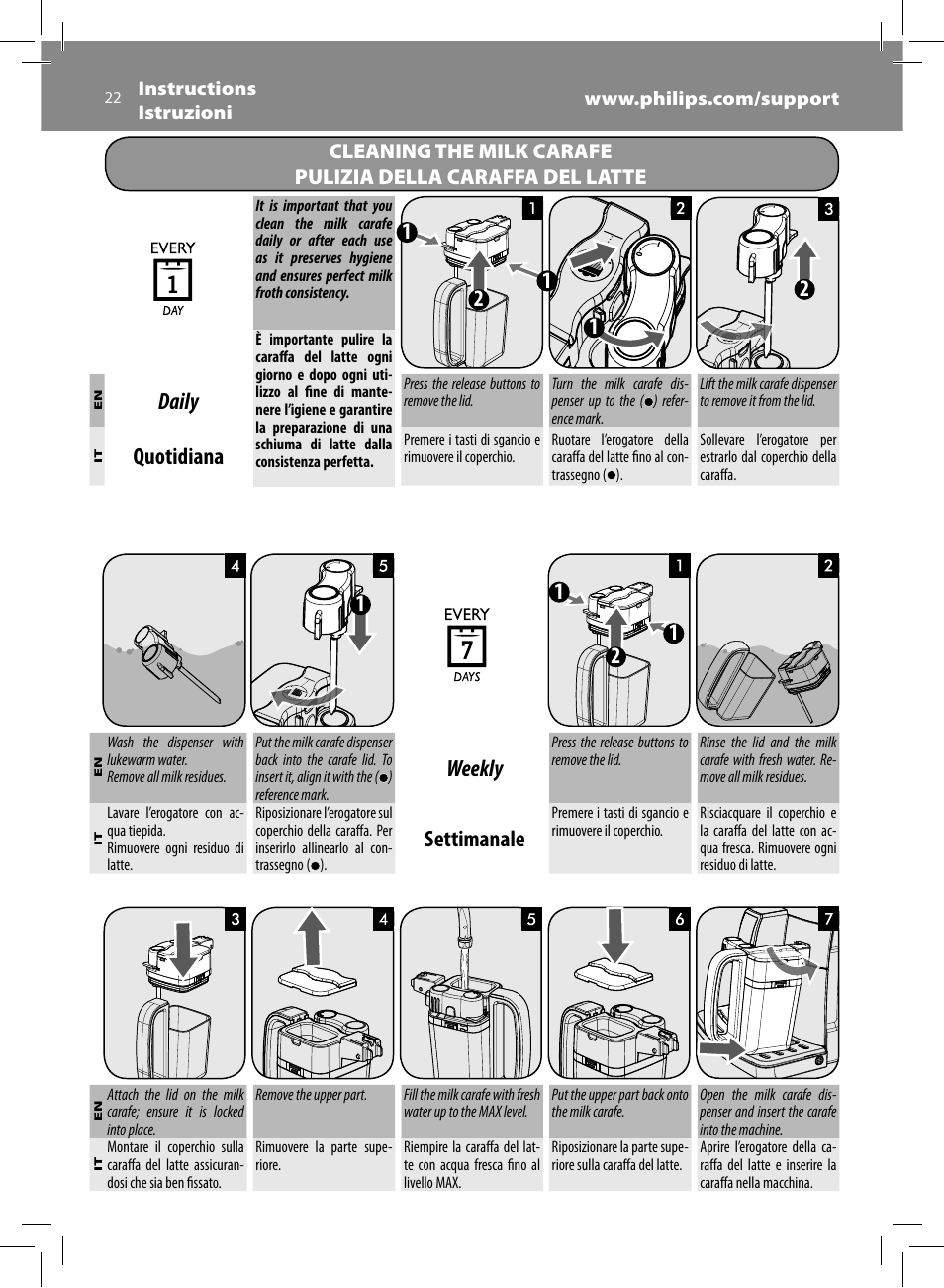 Daily, Quotidiana, Weekly | Settimanale | Philips Saeco Intelia Evo Kaffeevollautomat User Manual | Page 22 / 74