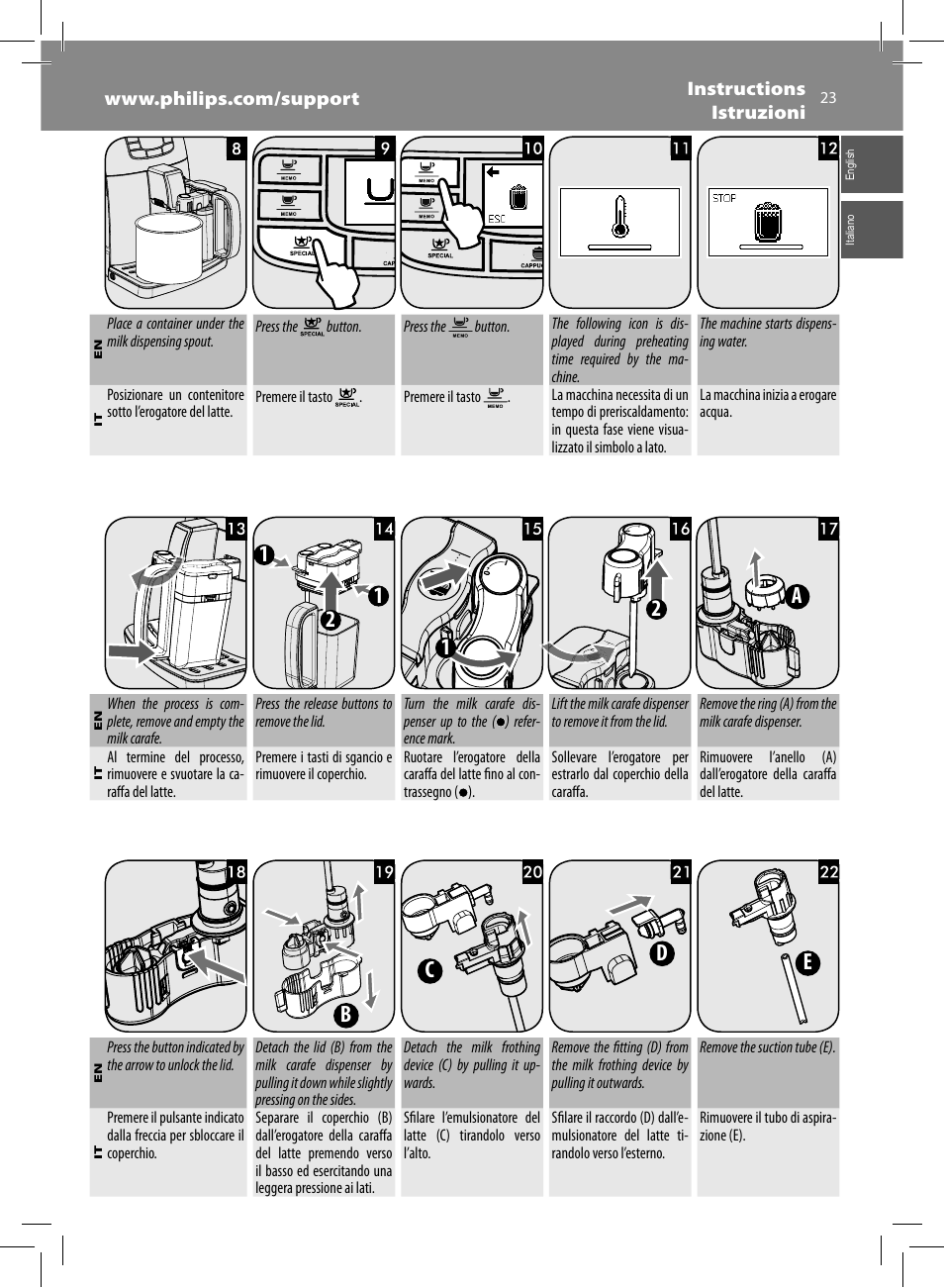 12 1 2 a, Bc d e | Philips Saeco Intelia Evo Kaffeevollautomat User Manual | Page 23 / 74