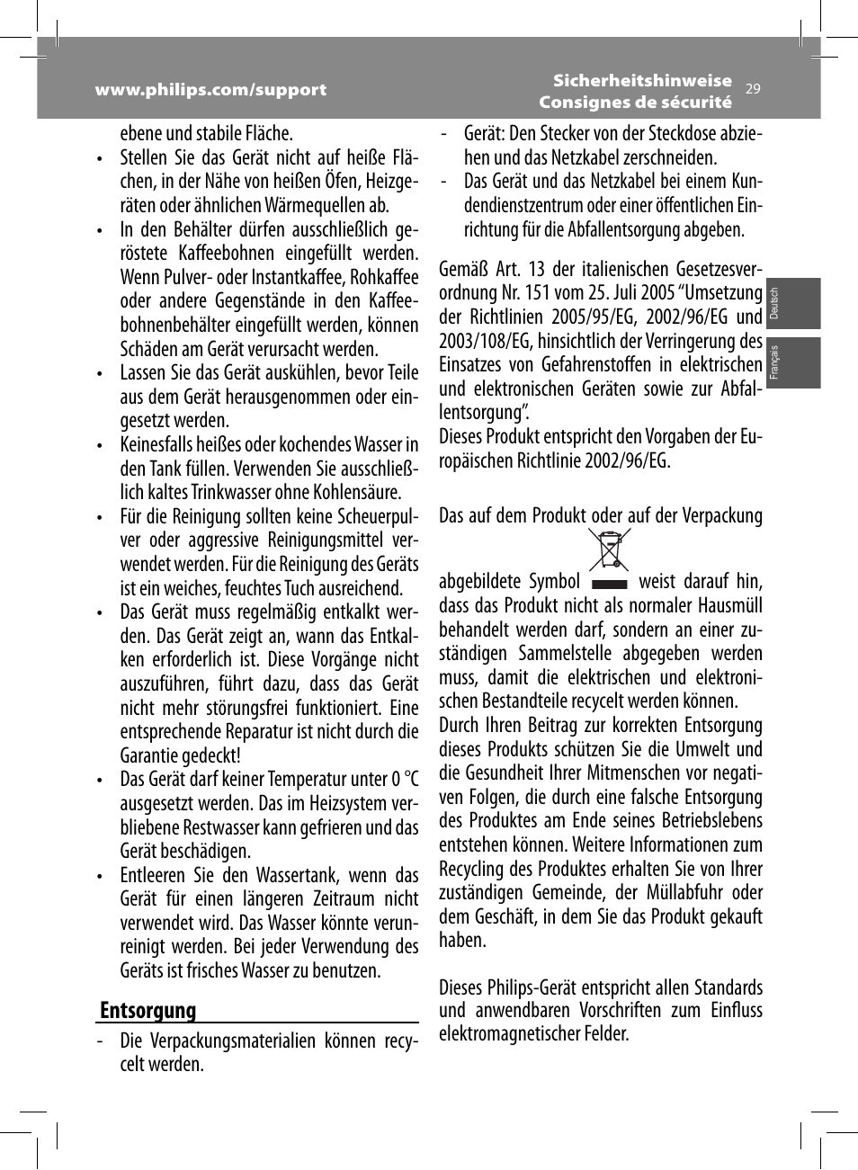 Entsorgung | Philips Saeco Intelia Evo Kaffeevollautomat User Manual | Page 29 / 74