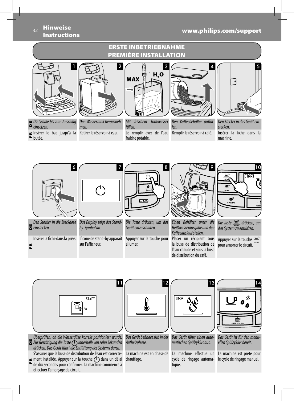 Erste inbetriebnahme première installation | Philips Saeco Intelia Evo Kaffeevollautomat User Manual | Page 32 / 74