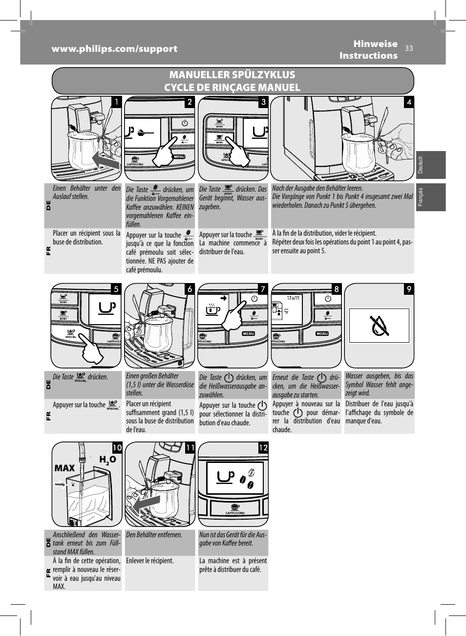 Manueller spülzyklus cycle de rinçage manuel | Philips Saeco Intelia Evo Kaffeevollautomat User Manual | Page 33 / 74