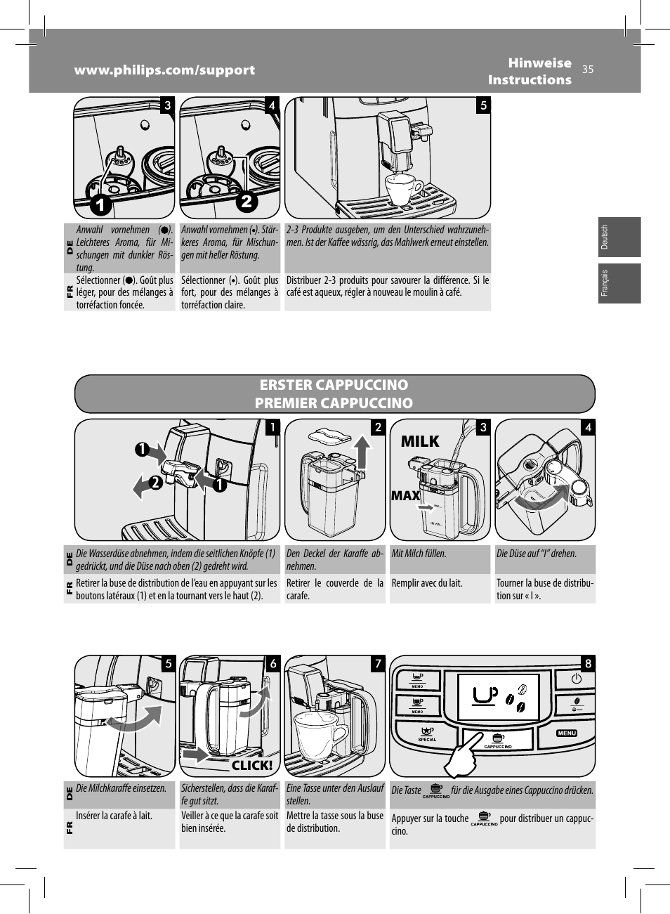 Milk, Erster cappuccino premier cappuccino | Philips Saeco Intelia Evo Kaffeevollautomat User Manual | Page 35 / 74