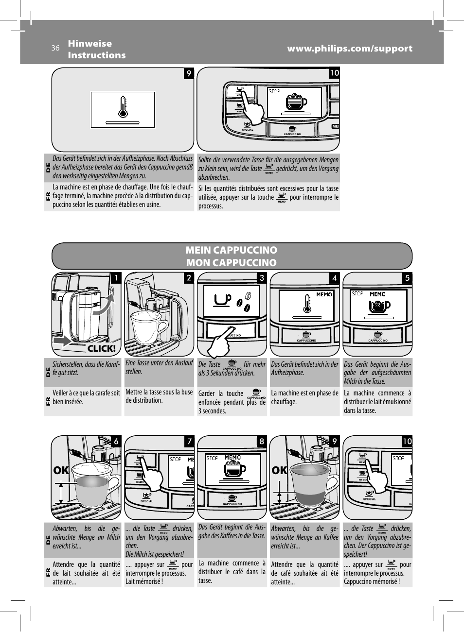 Mein cappuccino mon cappuccino | Philips Saeco Intelia Evo Kaffeevollautomat User Manual | Page 36 / 74