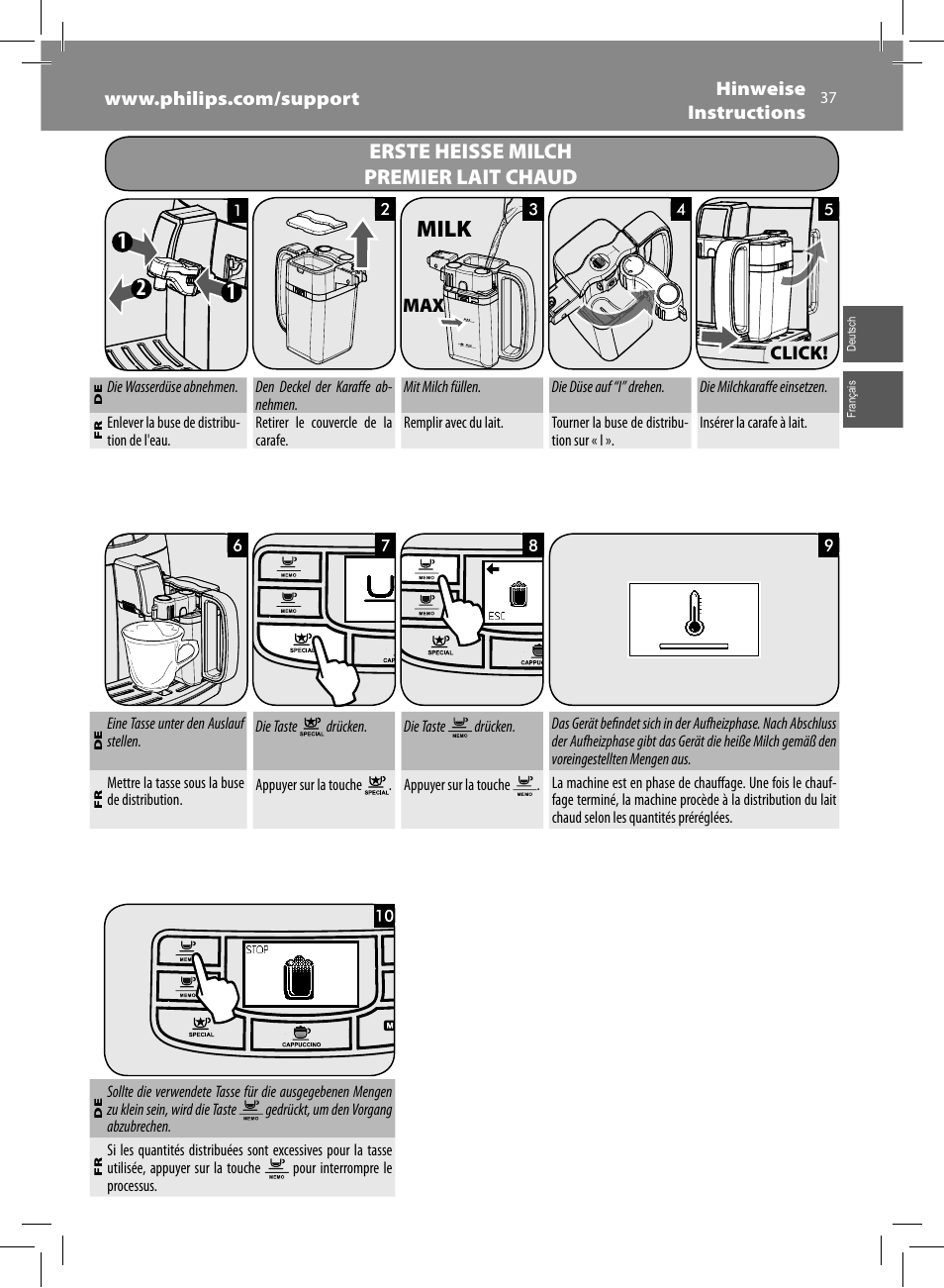 Milk, Erste heisse milch premier lait chaud | Philips Saeco Intelia Evo Kaffeevollautomat User Manual | Page 37 / 74