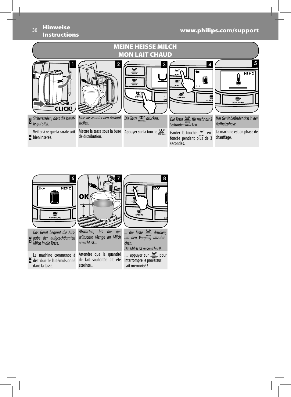 Meine heisse milch mon lait chaud | Philips Saeco Intelia Evo Kaffeevollautomat User Manual | Page 38 / 74