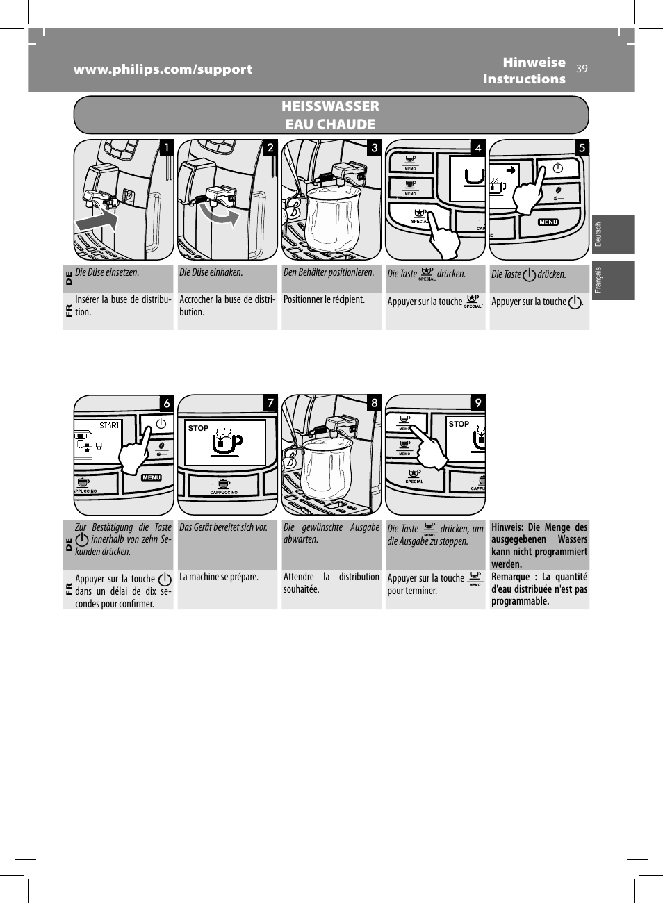 Heisswasser eau chaude | Philips Saeco Intelia Evo Kaffeevollautomat User Manual | Page 39 / 74