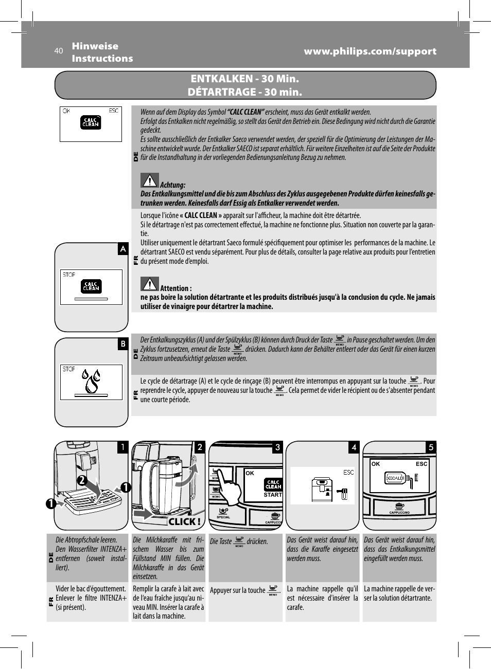 Entkalken - 30 min. détartrage - 30 min | Philips Saeco Intelia Evo Kaffeevollautomat User Manual | Page 40 / 74