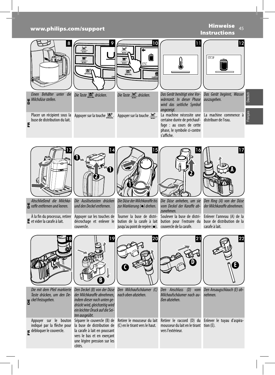 12 1 2 a, Bc d e | Philips Saeco Intelia Evo Kaffeevollautomat User Manual | Page 45 / 74