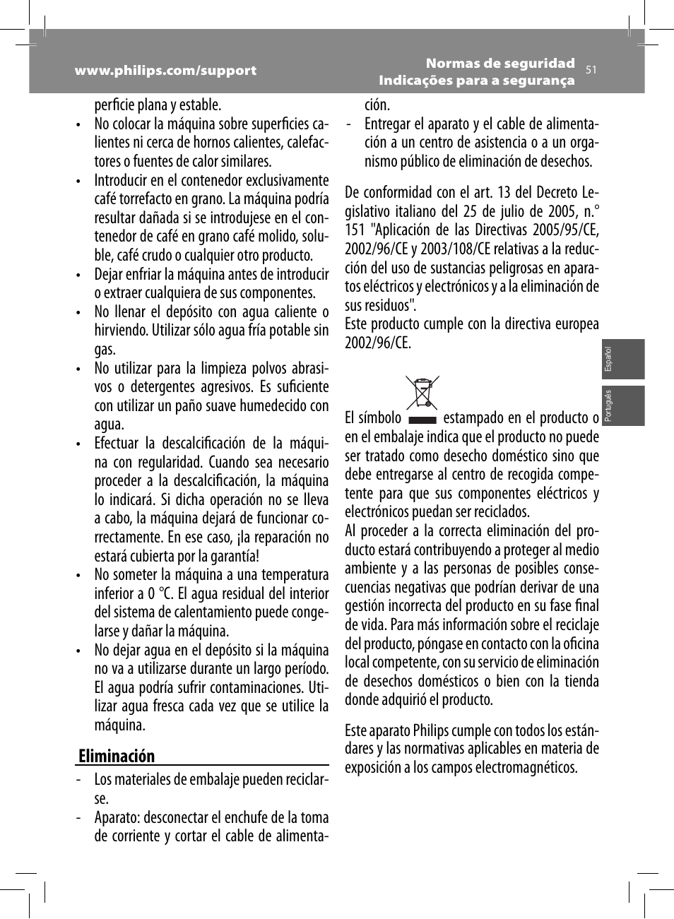 Eliminación | Philips Saeco Intelia Evo Kaffeevollautomat User Manual | Page 51 / 74