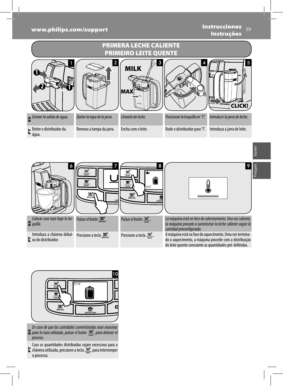 Milk, Primera leche caliente primeiro leite quente | Philips Saeco Intelia Evo Kaffeevollautomat User Manual | Page 59 / 74
