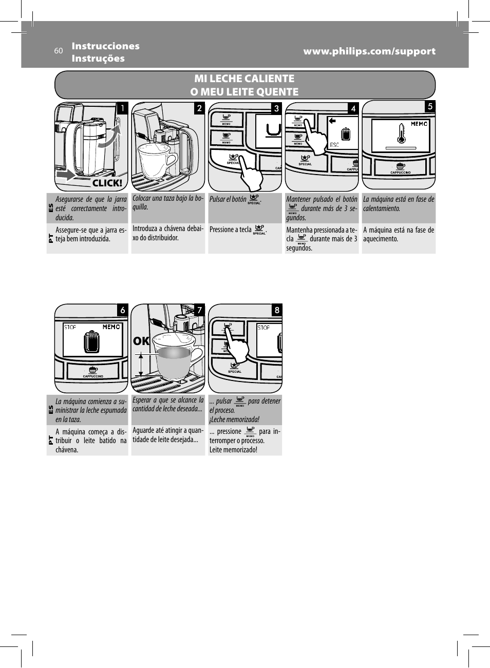 Mi leche caliente o meu leite quente | Philips Saeco Intelia Evo Kaffeevollautomat User Manual | Page 60 / 74