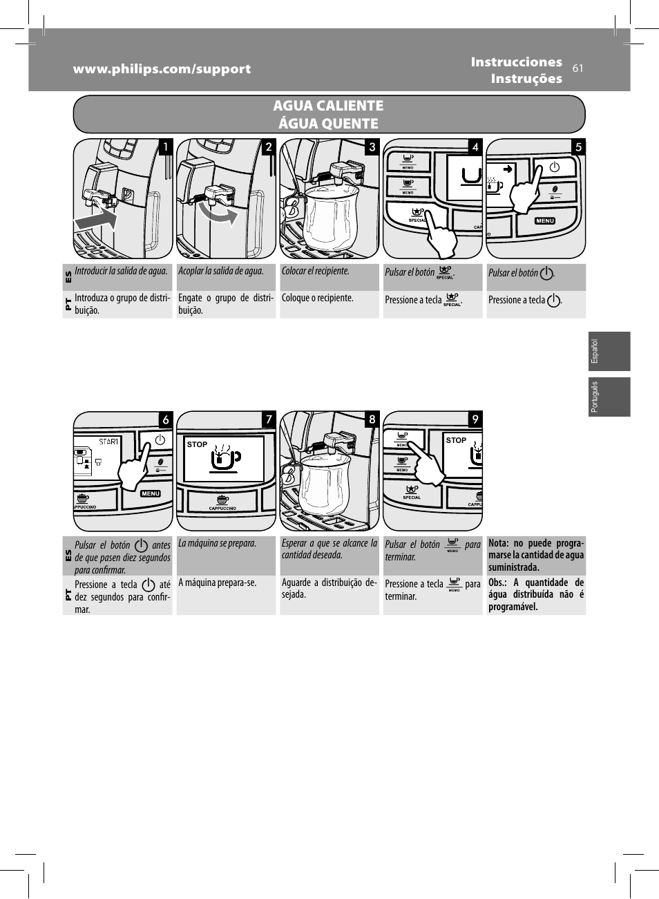 Agua caliente água quente | Philips Saeco Intelia Evo Kaffeevollautomat User Manual | Page 61 / 74