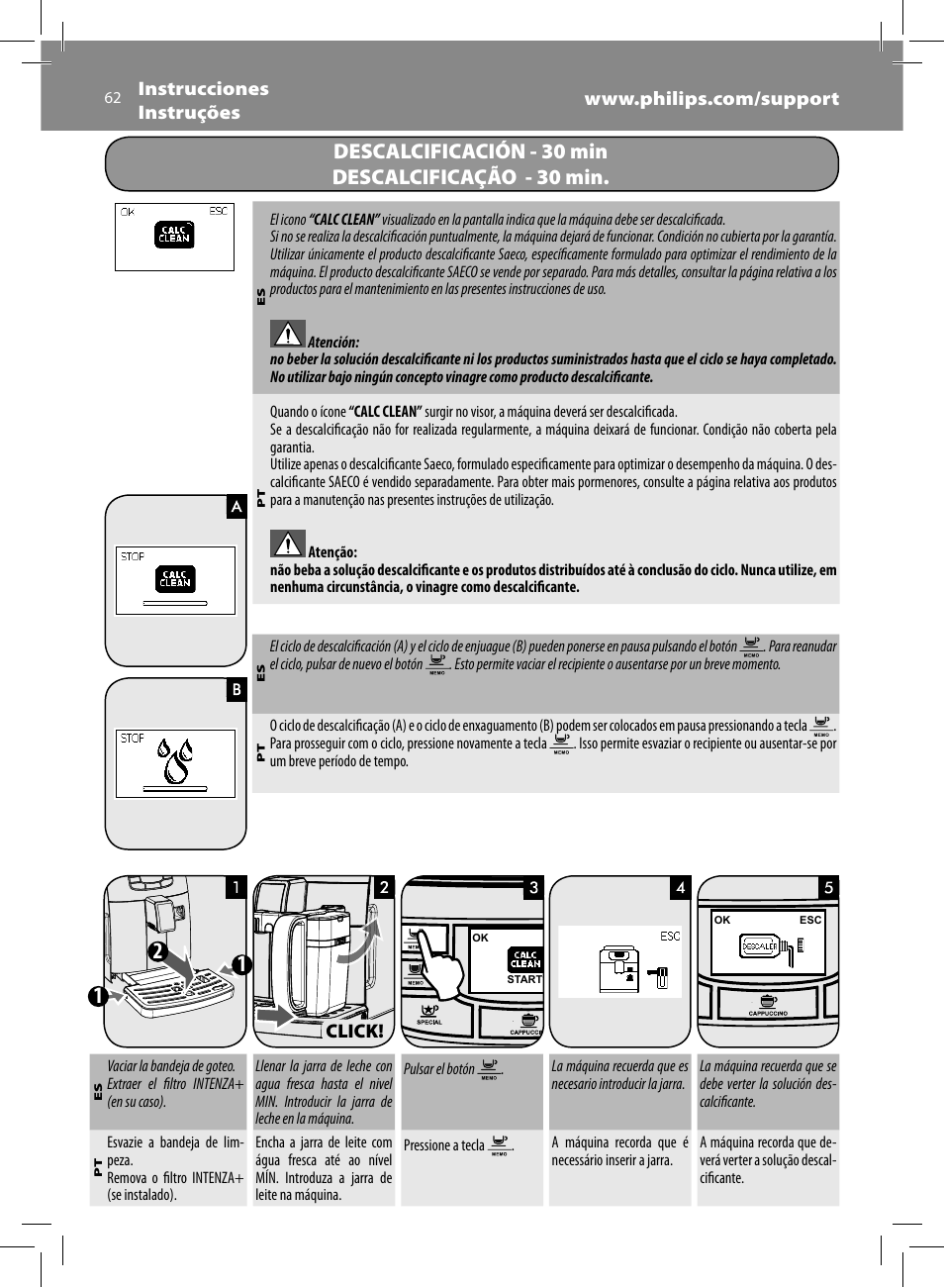Descalcificación - 30 min descalcificação - 30 min | Philips Saeco Intelia Evo Kaffeevollautomat User Manual | Page 62 / 74