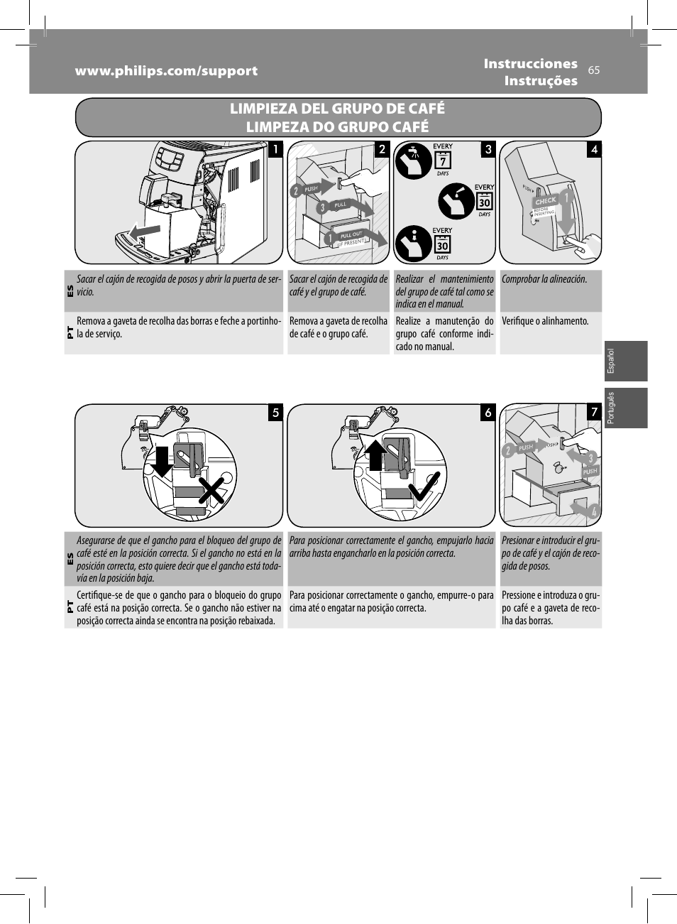 Limpieza del grupo de café limpeza do grupo café | Philips Saeco Intelia Evo Kaffeevollautomat User Manual | Page 65 / 74