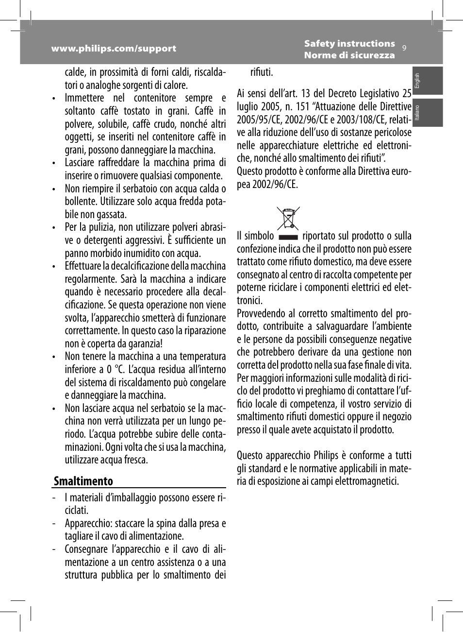 Smaltimento | Philips Saeco Intelia Evo Kaffeevollautomat User Manual | Page 9 / 74