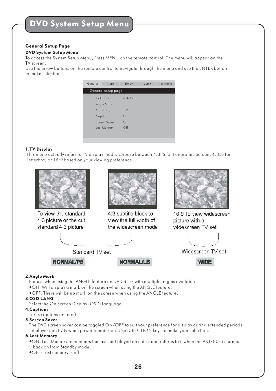 Dvd system setup menu | Audio2000's AKJ780E User Manual | Page 29 / 32